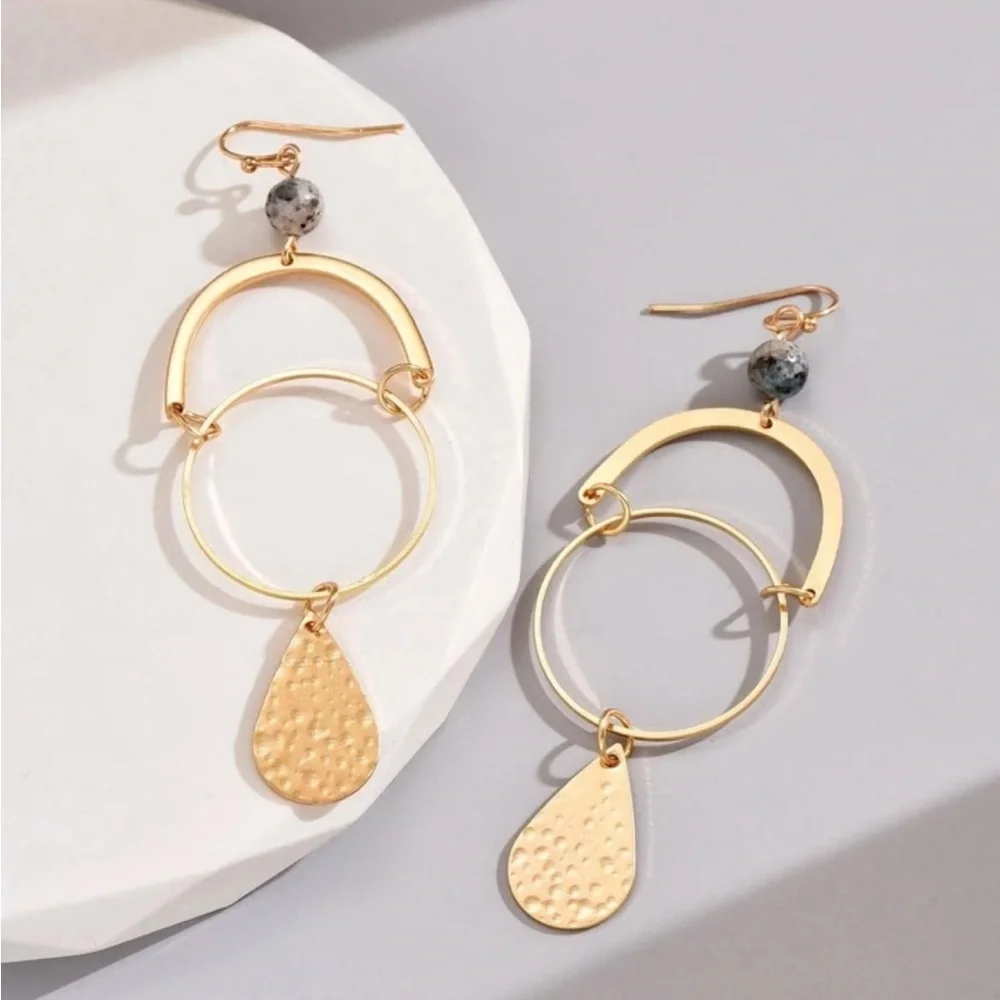Geometric Gold Metal & Stone Statement Earrings